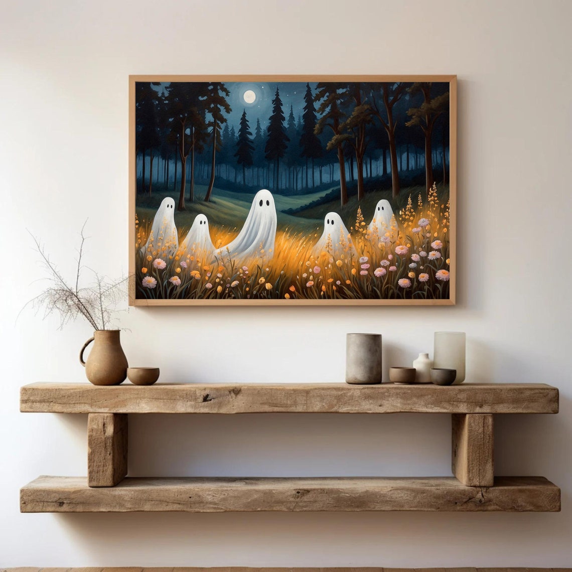 Five Ghosts In A Moonlit Meadow Among Wildflowers Night Poster - Image 4