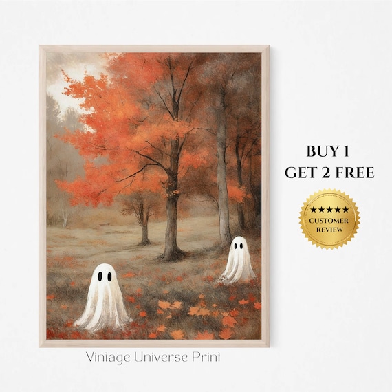 Two Ghosts In A Misty Orange Autumn Forest With Fallen Leaves Vintage Art Print