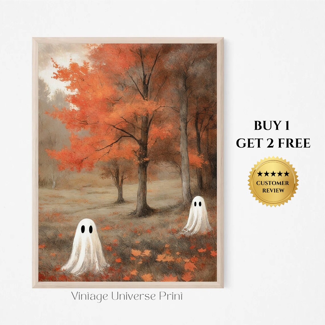 Two Ghosts In A Misty Orange Autumn Forest With Fallen Leaves Vintage Art Print