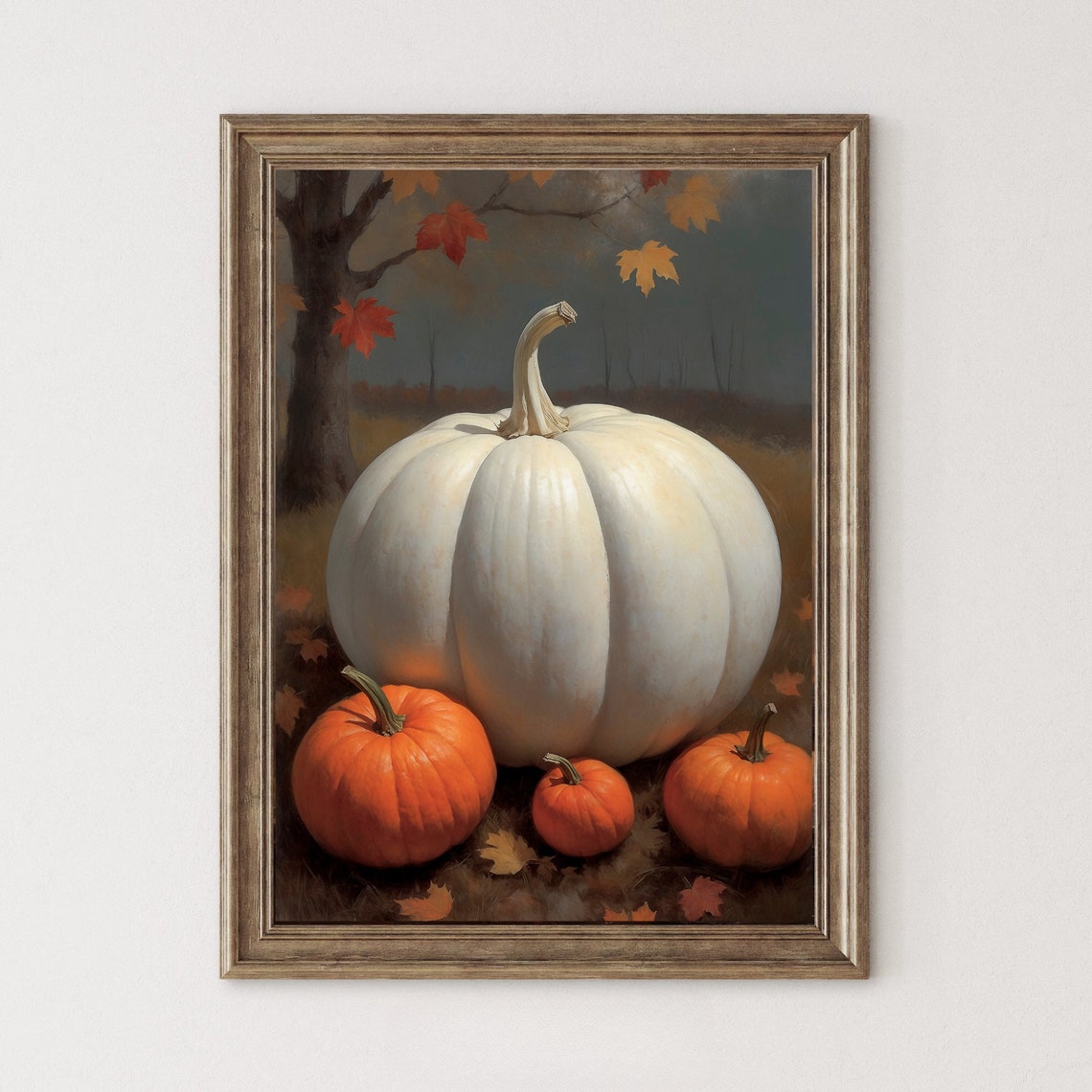 White Pumpkin With Orange Pumpkins Autumn Still Life Painting Poster - Image 4