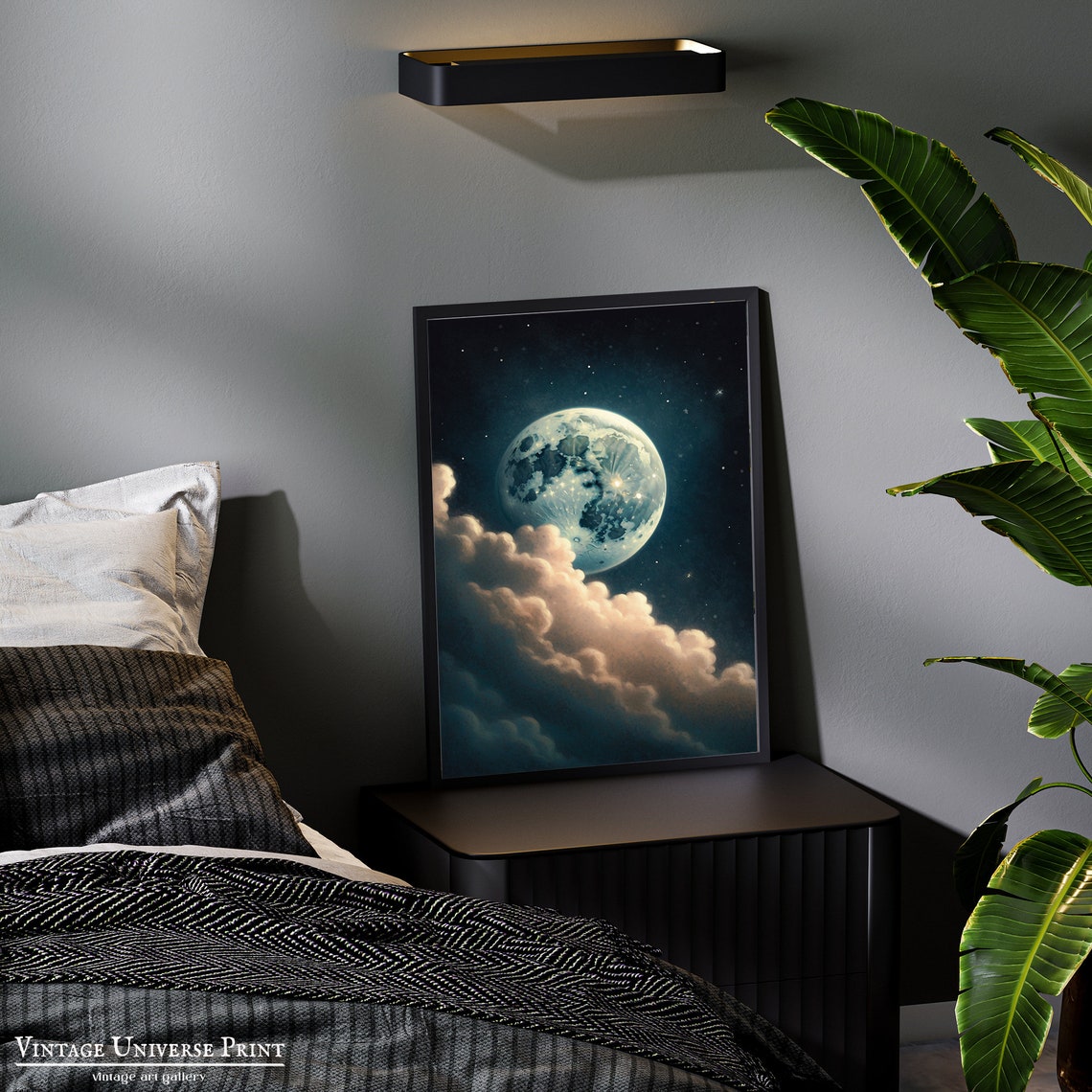Full Moon Behind Night Clouds Under a Teal Starry Sky Wall Art - Image 2