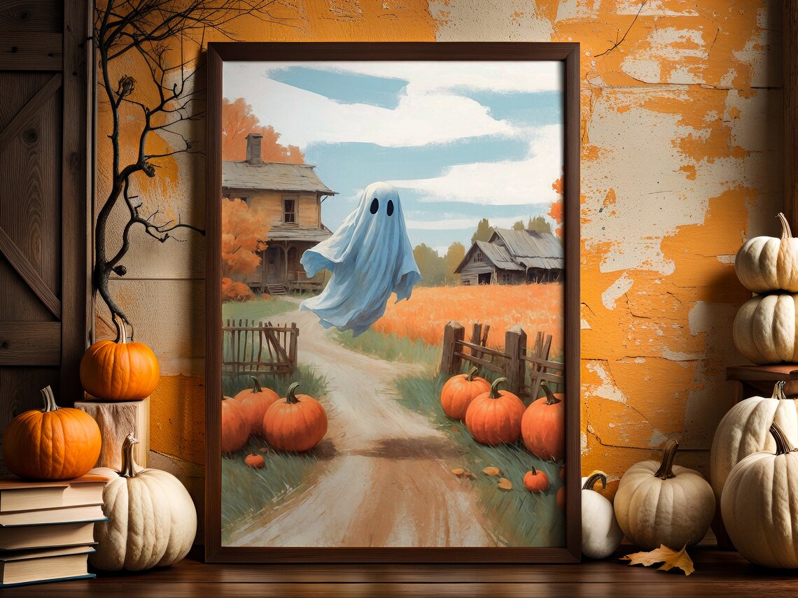 Cute Ghost Flying Over Farmhouse Path With Pumpkins Fall Halloween Painting Poster - Image 3