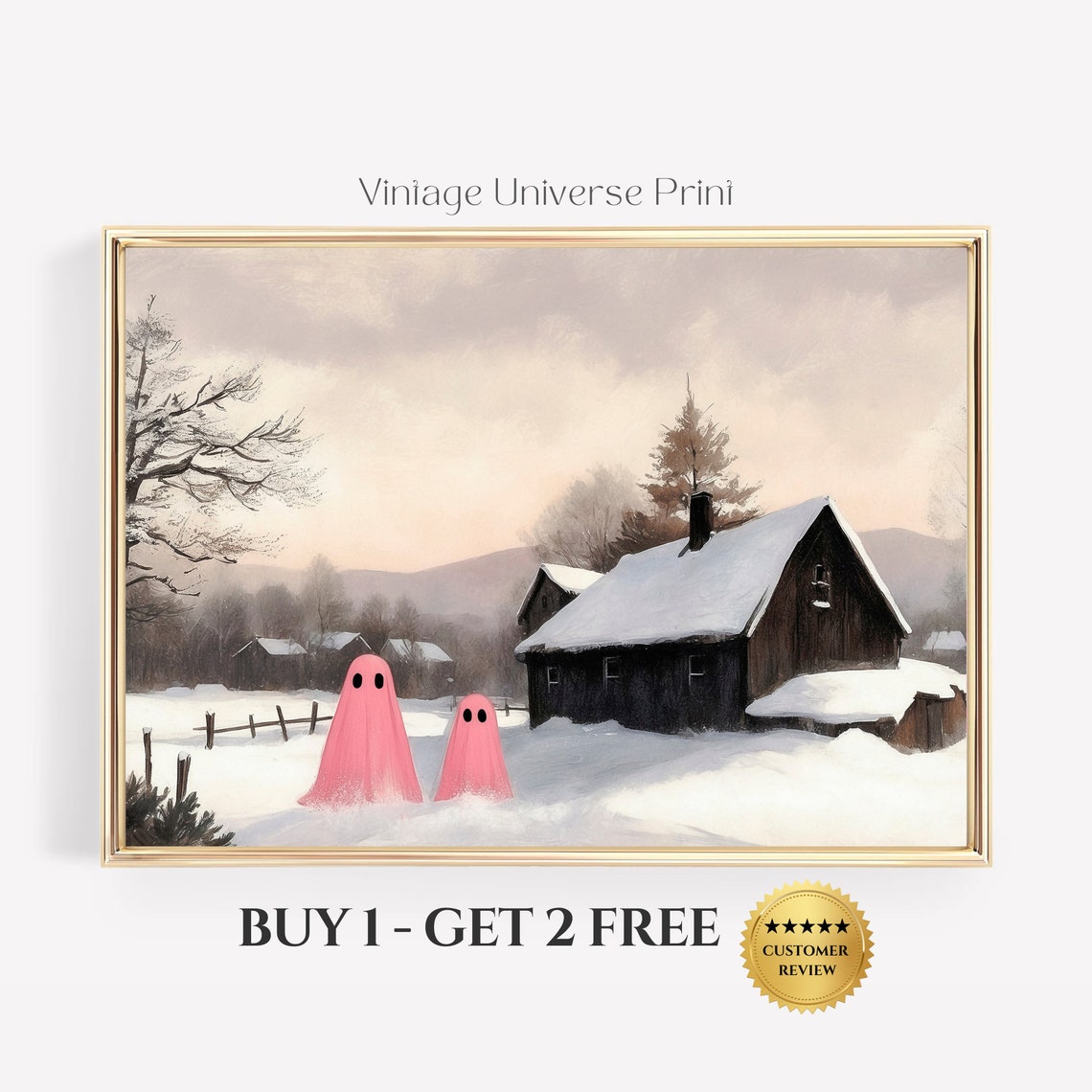 Two Pink Ghosts by Snowy Barn Rustic Winter Farm Scene Print