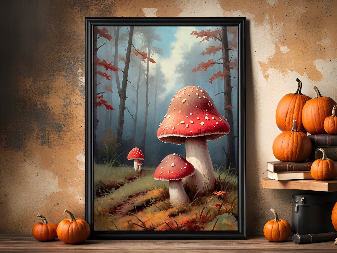 Red Fly Agaric Mushrooms In Autumn Forest Vintage Nature Painting Poster - Image 3