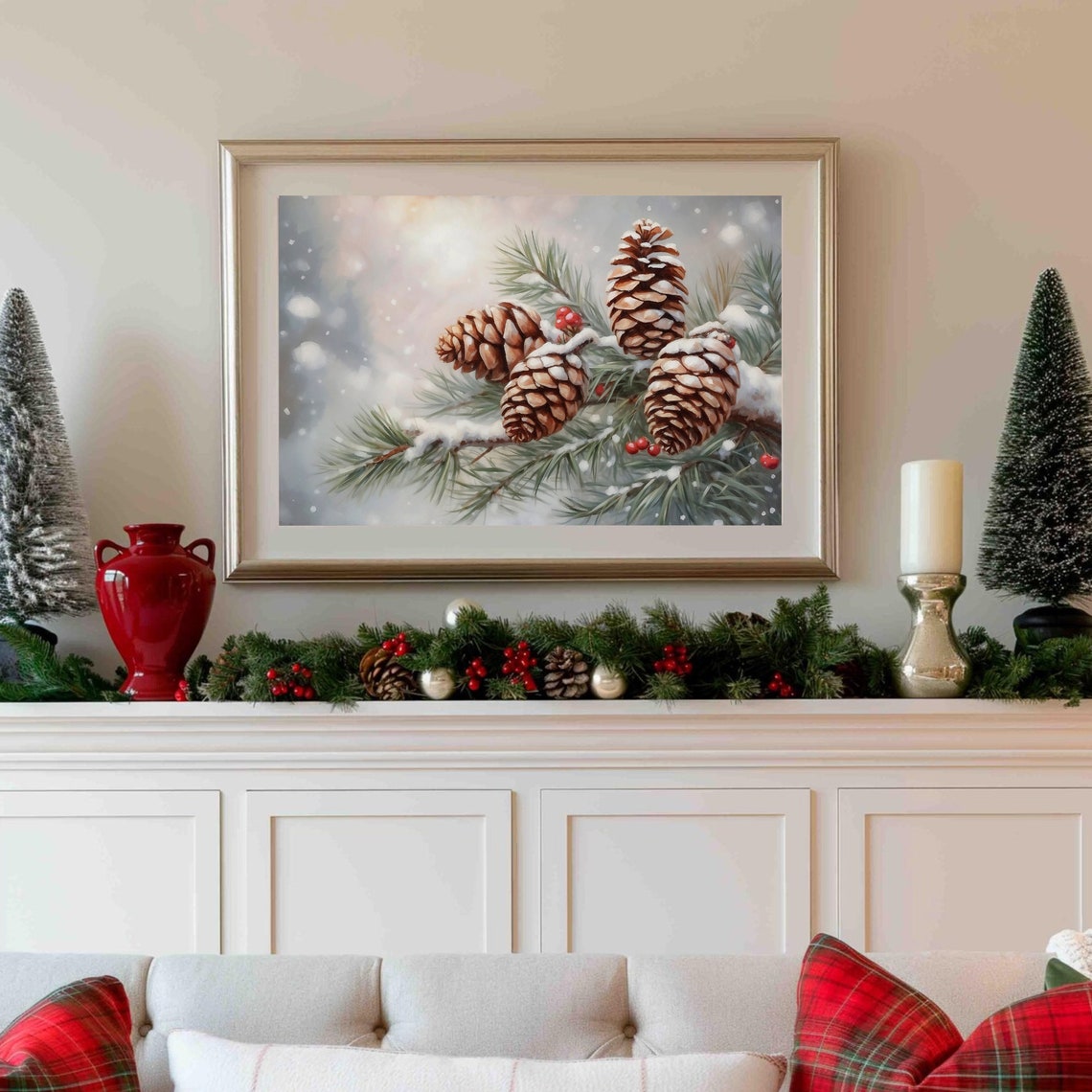 Snow Covered Pinecones on a Frosty Pine Branch Winter Botanical Print - Image 4