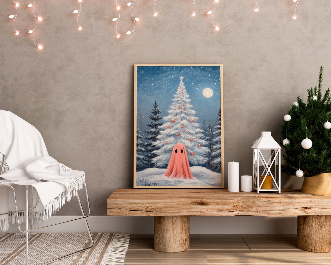 Pink Ghost Before White Christmas Tree with Red Ornaments Print - Image 3