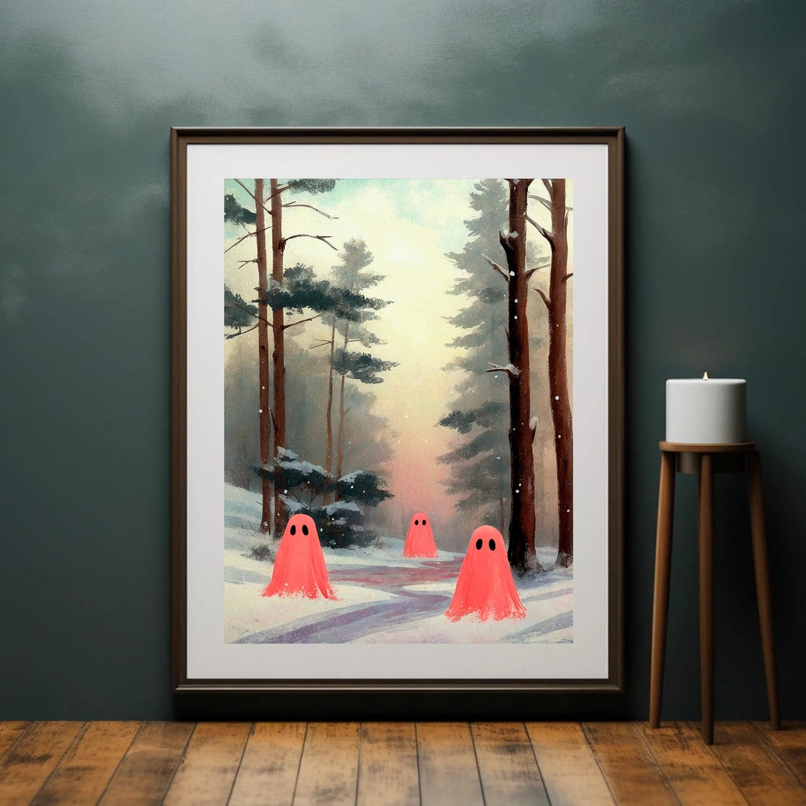 Three Pink Ghosts on Snowy Forest Path at Golden Sunset Print - Image 3
