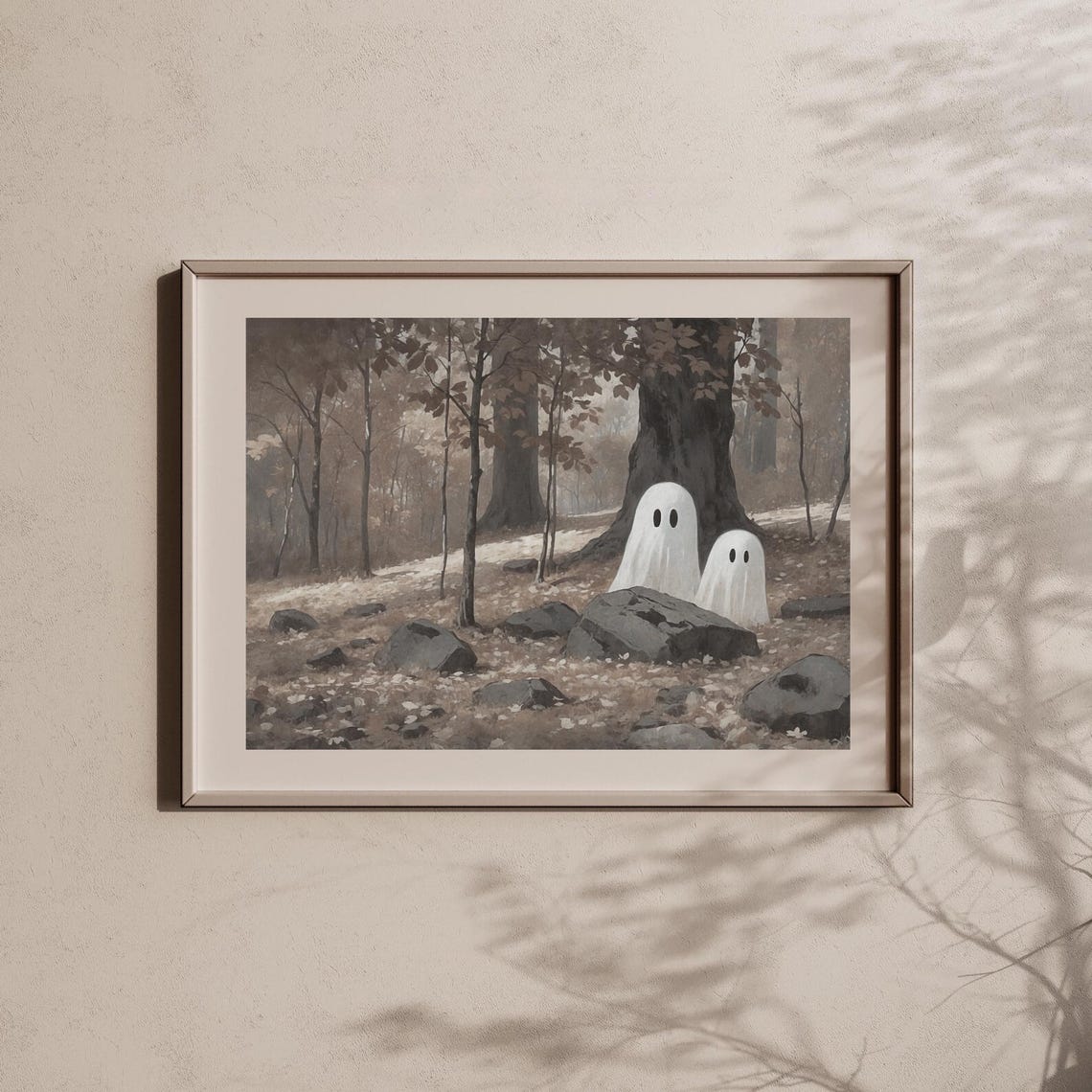 Cute Ghosts In Autumn Forest Rocks Moody Spooky Halloween Poster - Image 5