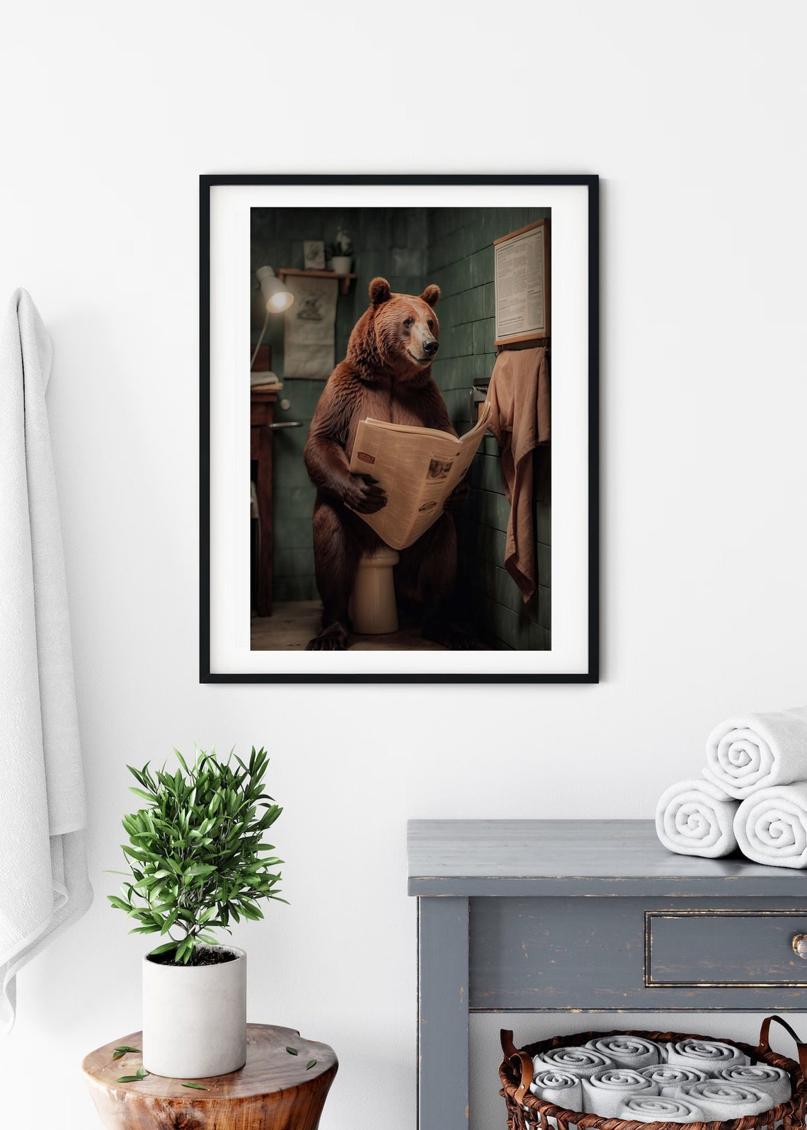 Brown Bear Sitting on a Toilet Reading the Newspaper Funny Bath Poster - Image 4