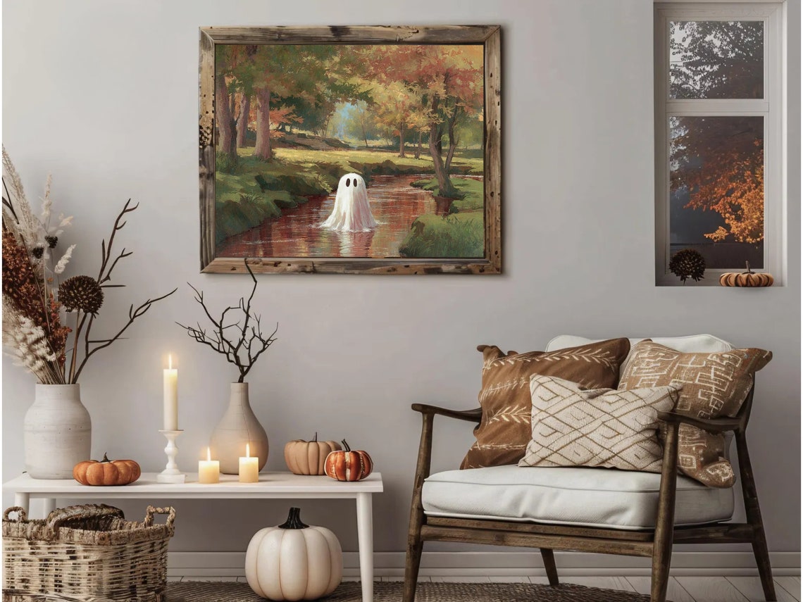 Ghost Floating In Autumn Stream Forest Vintage Halloween Wall Poster - Image 2