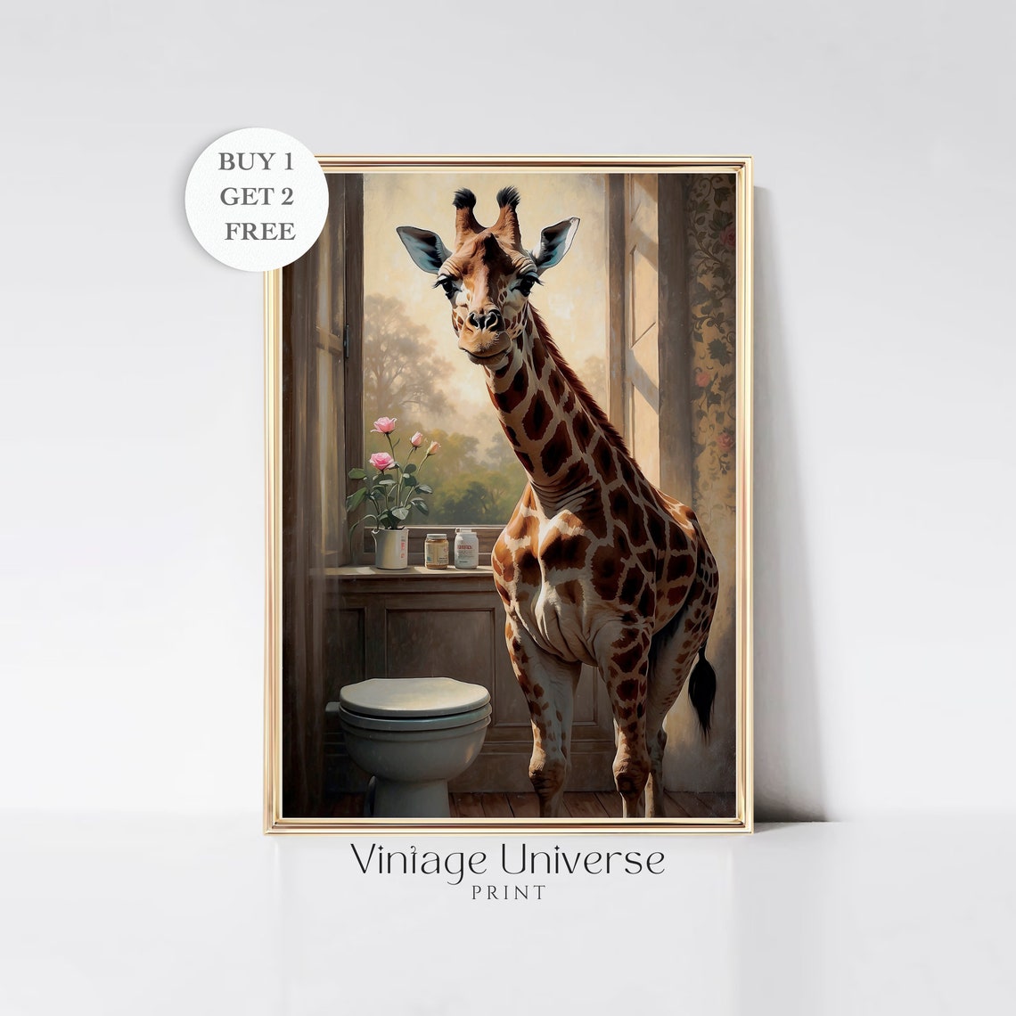 Friendly Giraffe Standing Beside A Vintage Toilet Humor Poster