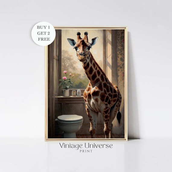 Friendly Giraffe Standing Beside A Vintage Toilet Humor Poster