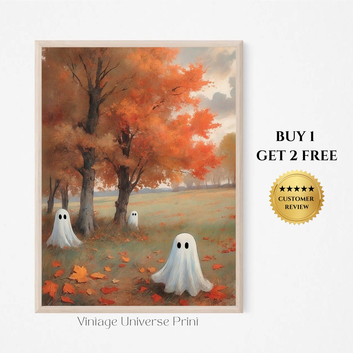 Three Little Ghosts Playing In A Golden Autumn Meadow Vintage Painting Wall Art