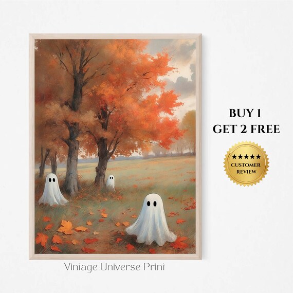 Three Little Ghosts Playing In A Golden Autumn Meadow Vintage Painting Wall Art