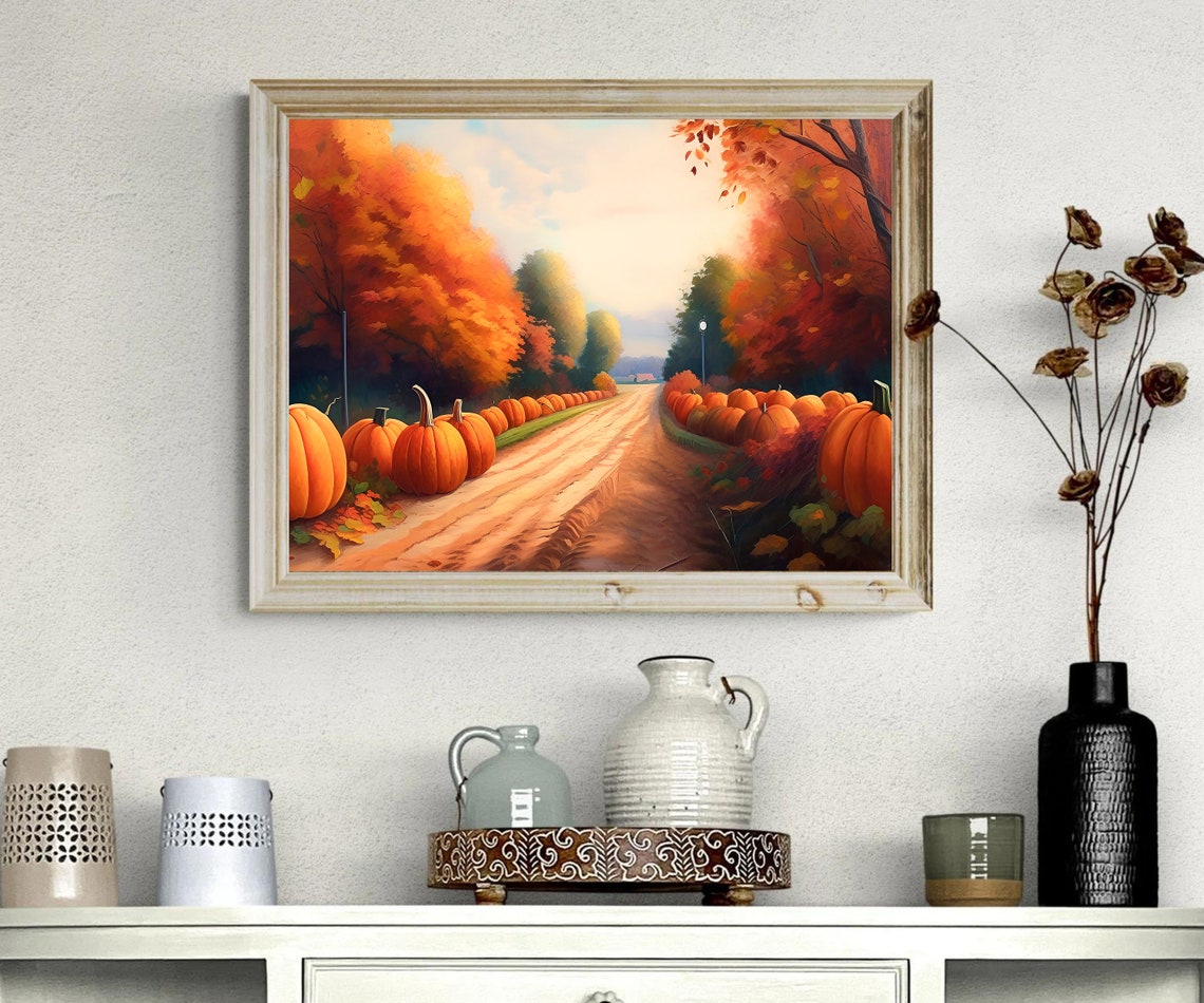 Pumpkin Lined Country Road Autumn Harvest Fall Landscape Poster - Image 4