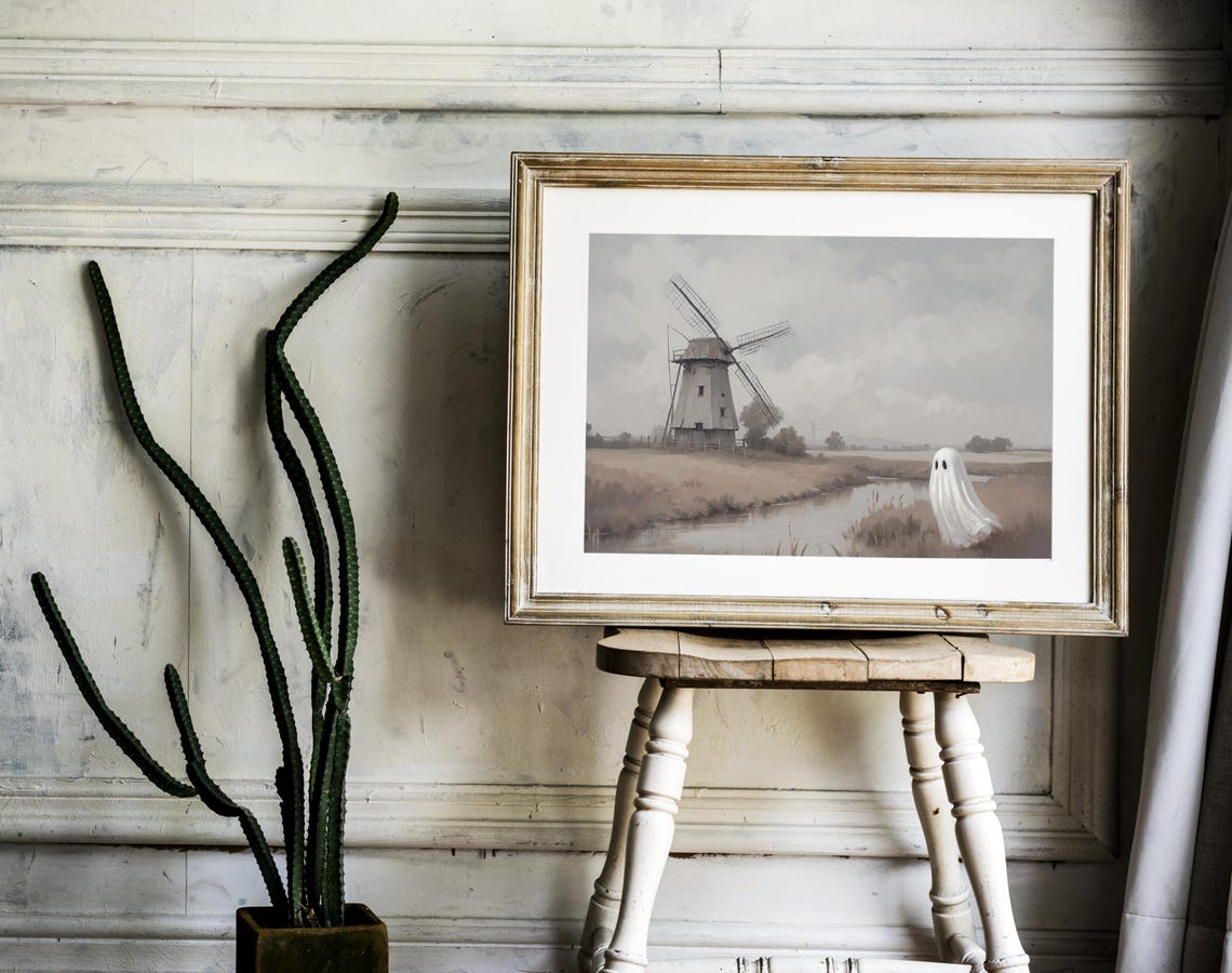 Ghost And The Windmill Painting Rustic Fall Landscape Ghost Spooky Ghost Painting Cute Ghost Art Farmhouse Wall Art Halloween - Image 3