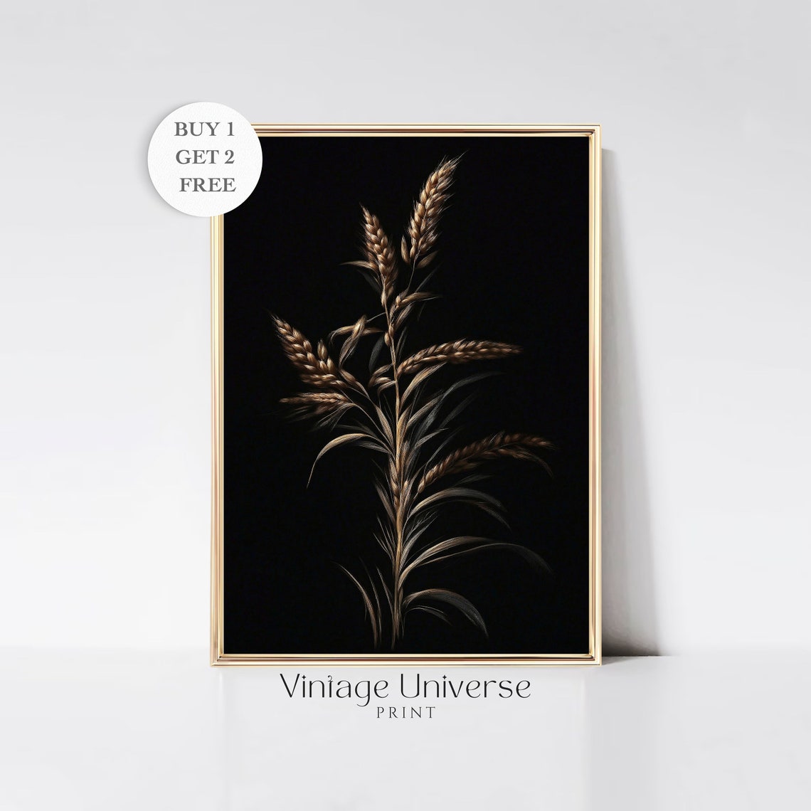 Golden Wheat Stalks Elegant Botanical Study on Black Art Poster
