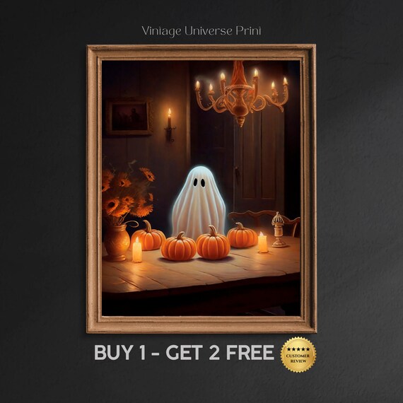 Halloween Wall Art Ghost And Pumpkin Vintage Art Print Ghost Halloween Poster Halloween Decor Spooky Wall Art Moody Halloween Painting