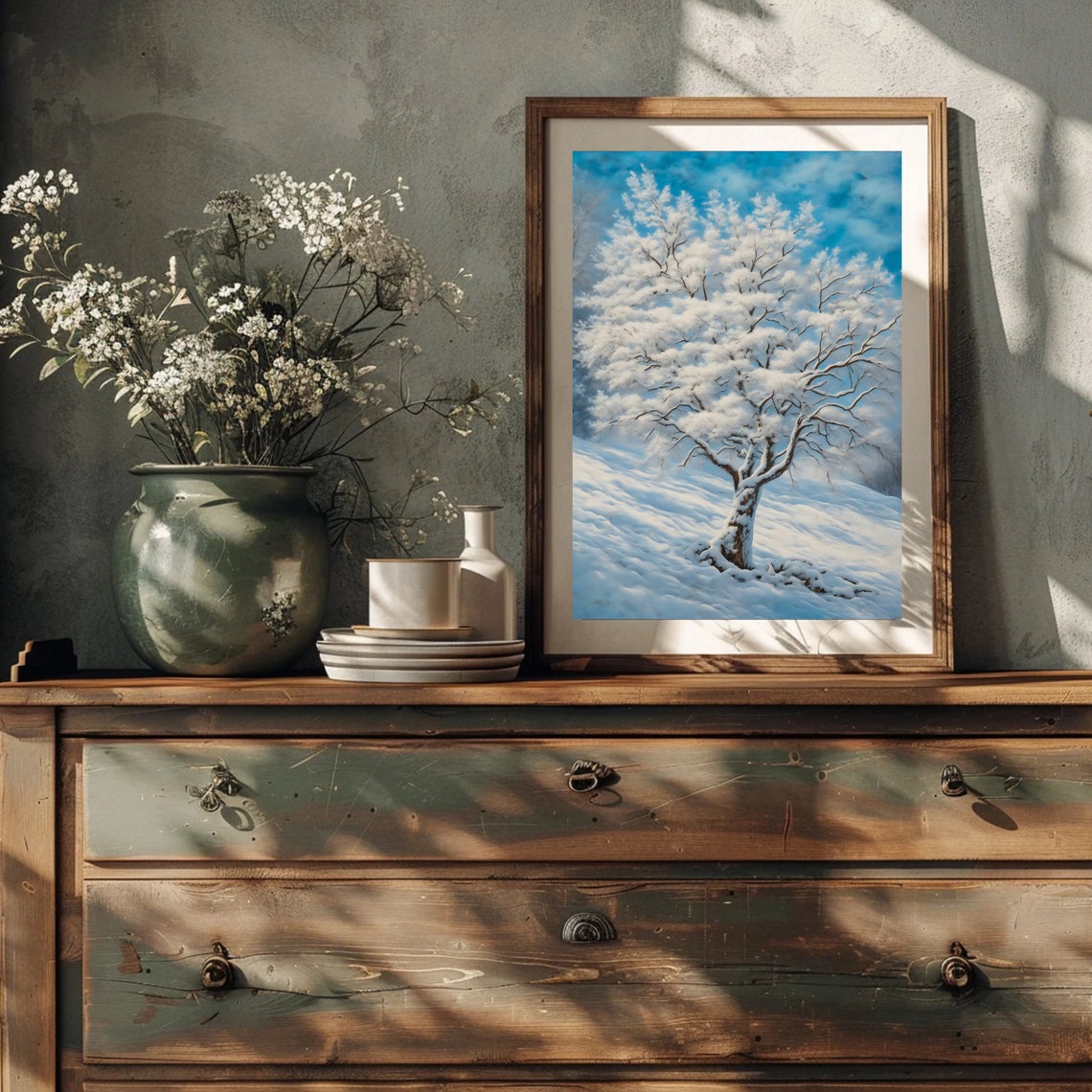 Lone Snowy Tree Bright Blue Sky Serene Winter Landscape Art Poster - Image 2