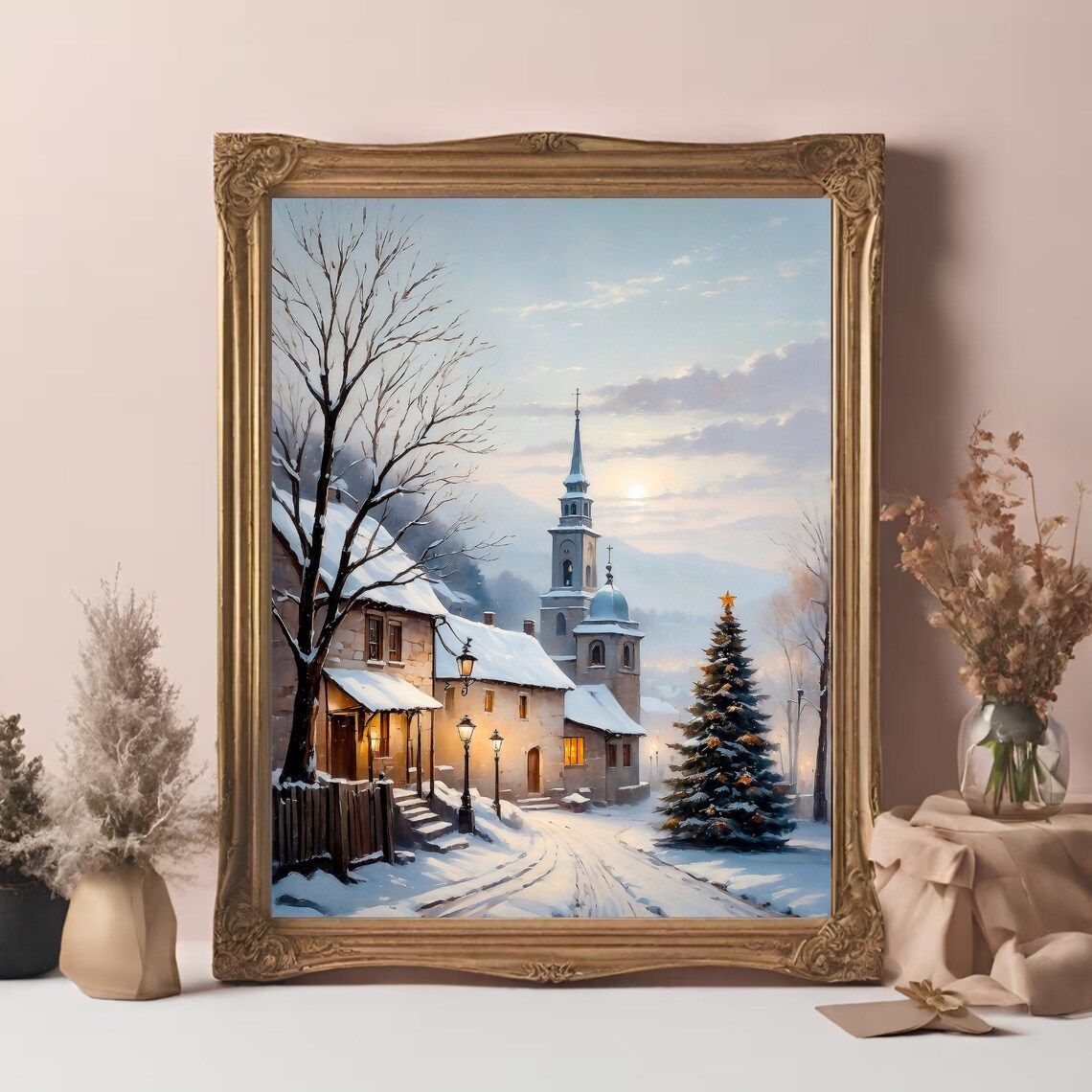 Snowy Village Church and Christmas Tree Twilight Vintage Poster - Image 3