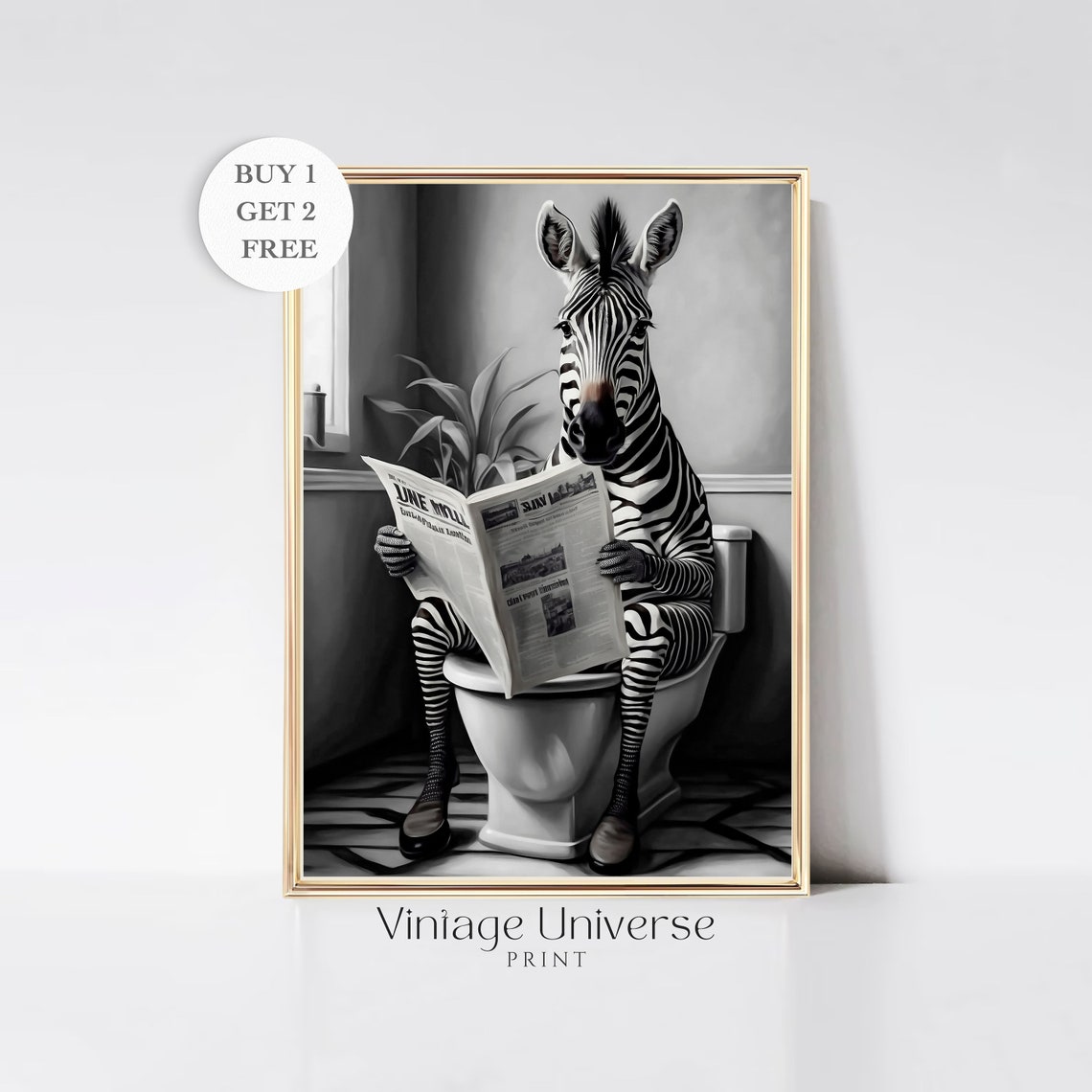 Zebra Reading Newspaper On The Toilet Black And White Poster