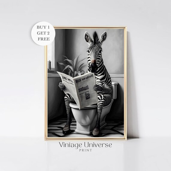 Zebra Reading Newspaper On The Toilet Black And White Poster