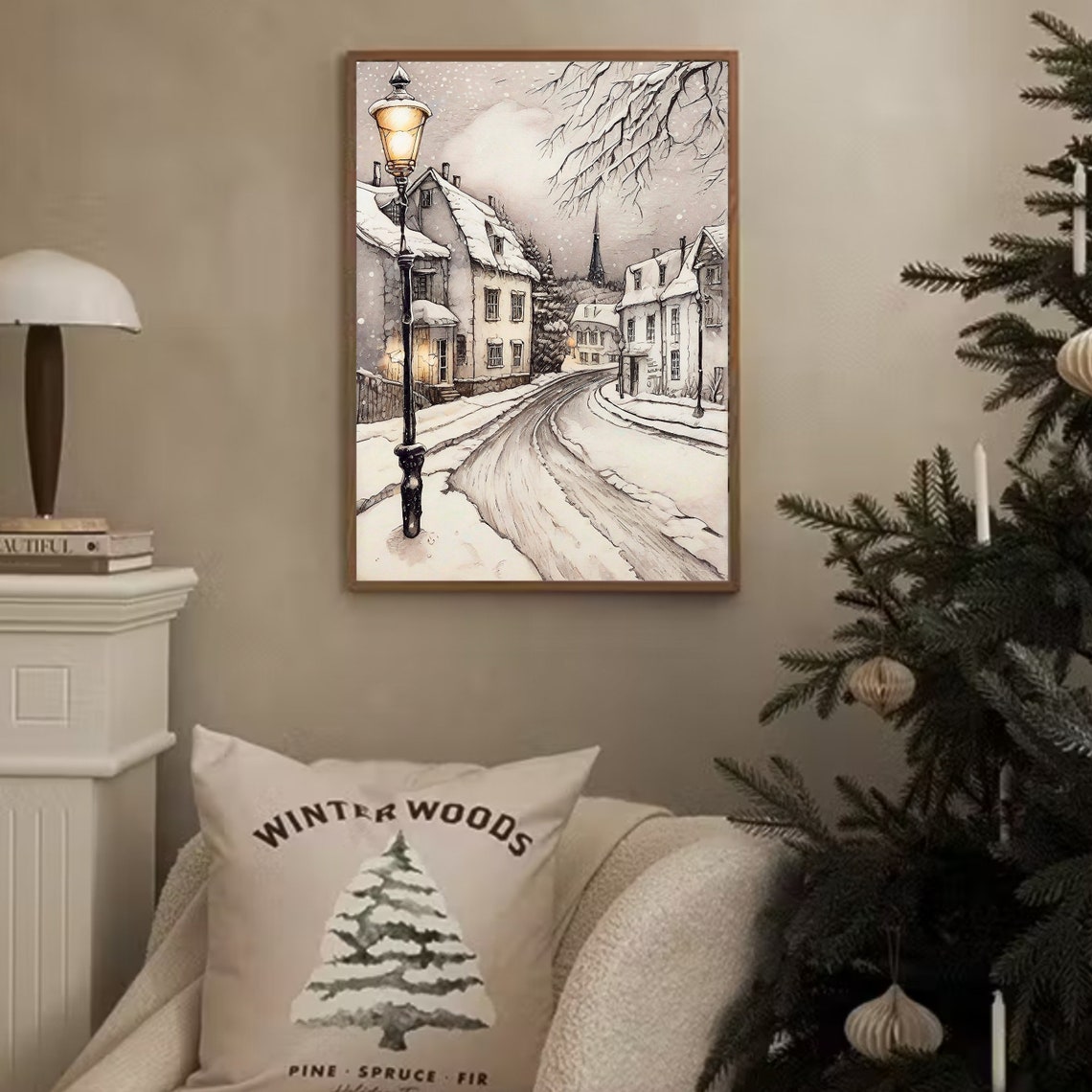 Snowy Village Street Glowing Lamppost Vintage Winter Evening Poster - Image 3
