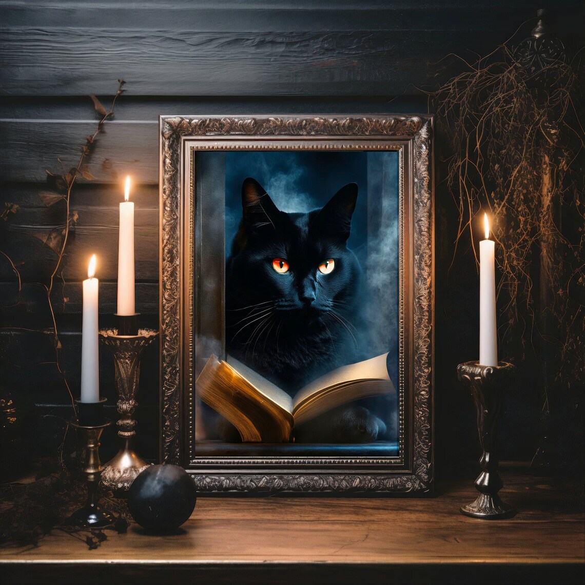 Dark Black Cat Reading Glowing Book Moody Vintage Animal Poster - Image 4