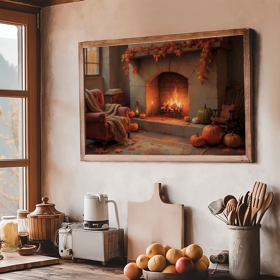 Cozy Stone Fireplace With Pumpkins Fall Interior Scene Poster - Image 2