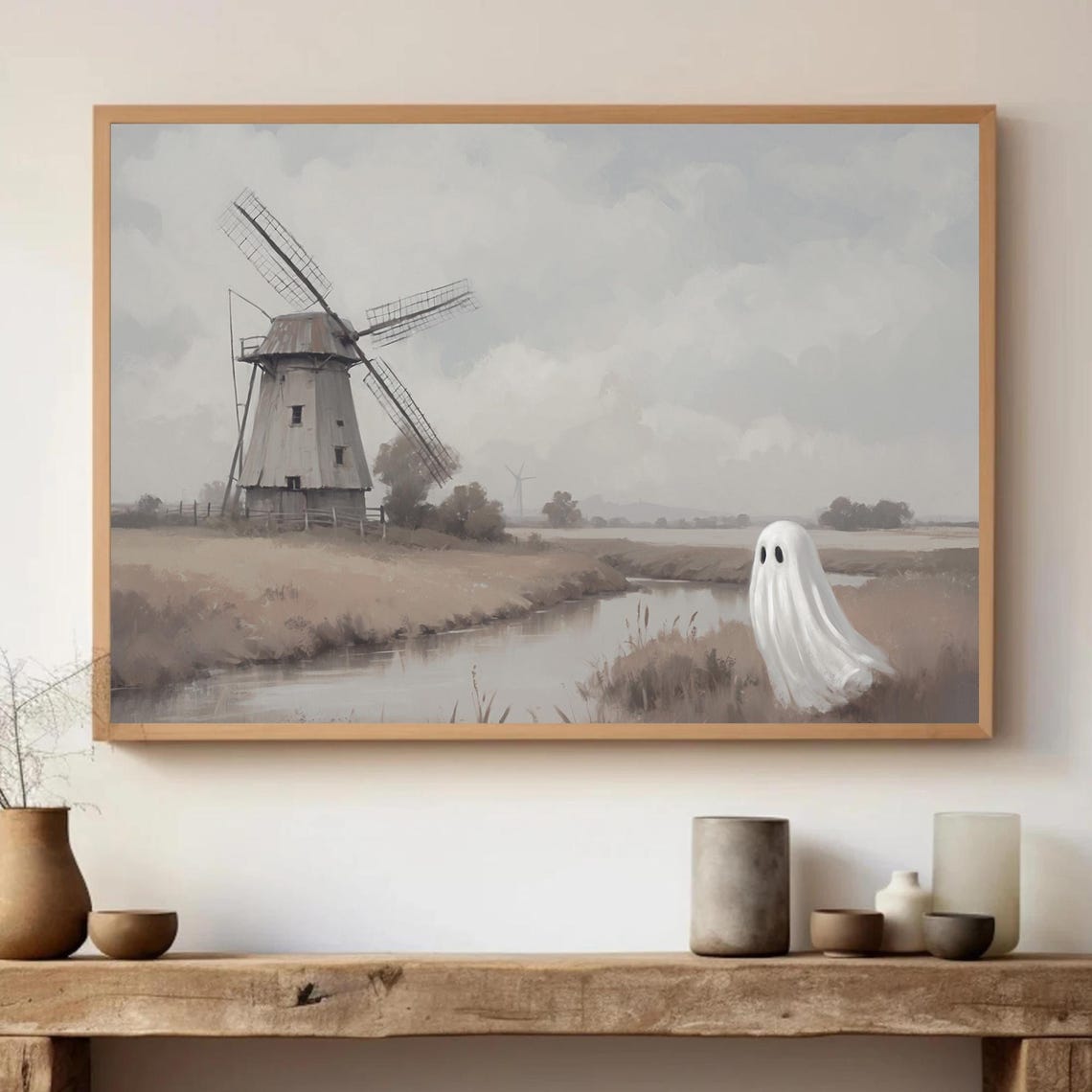 Lonely Ghost By A Windmill And River Vintage Halloween Poster - Image 5