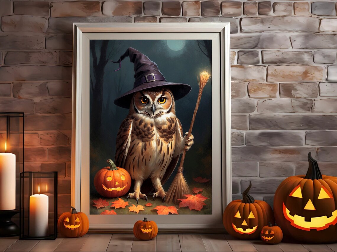 Cute Owl In Witch Hat With Broom And Jack O Lantern Halloween Painting Poster - Image 3