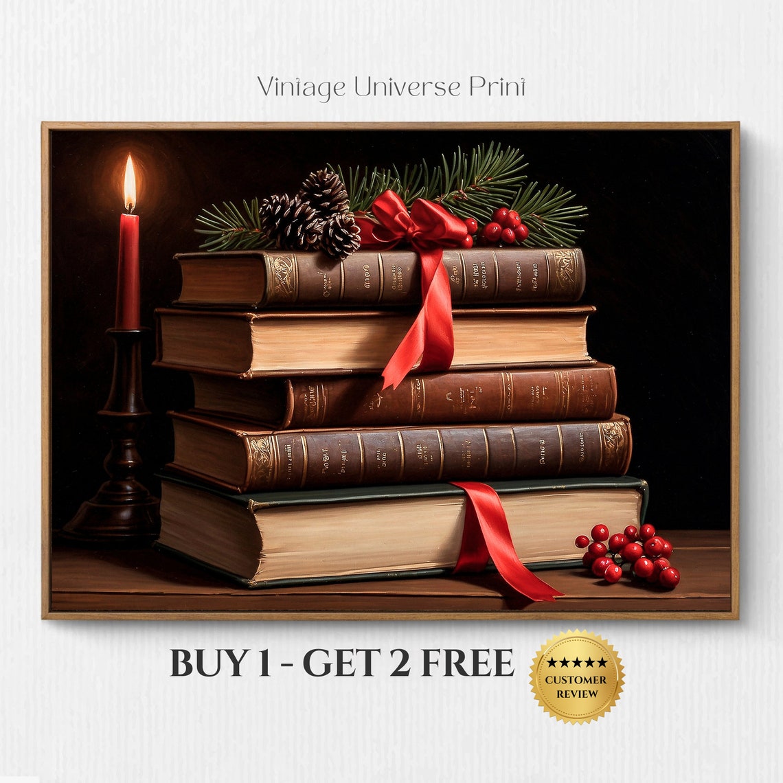 Stacked Vintage Christmas Books With Candle And Red Ribbon Print