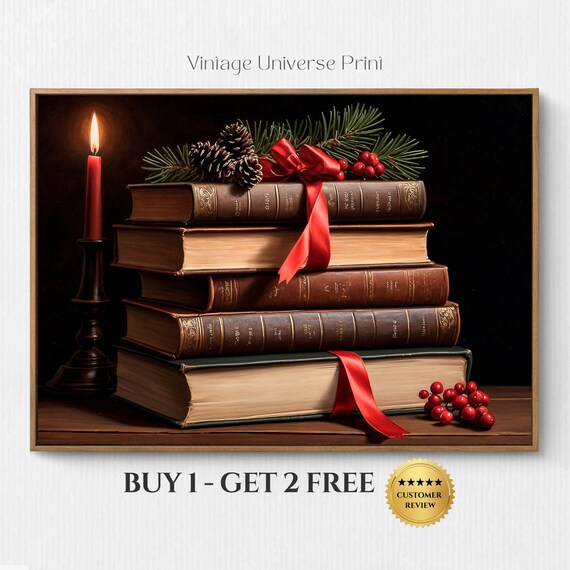 Christmas Stacked Books Painting Vintage Christmas Winter Wall Decor Holiday Season Wall Decoration Dark Academia Moody Book Lover Print