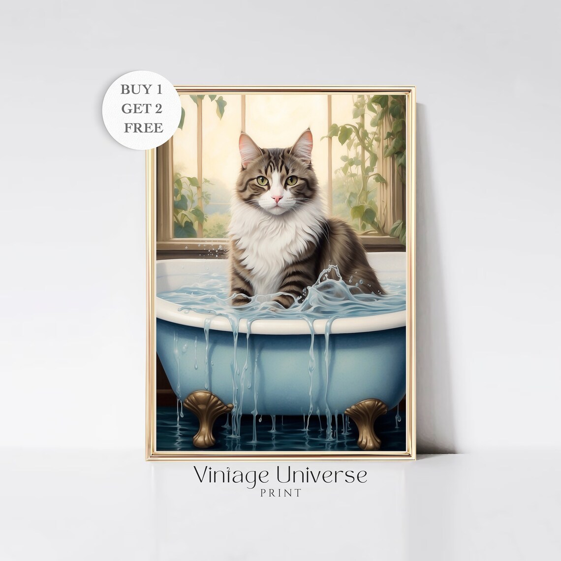 Fluffy Tabby Cat Soaking in a Blue Bathtub with Splashing Water Cute Poster