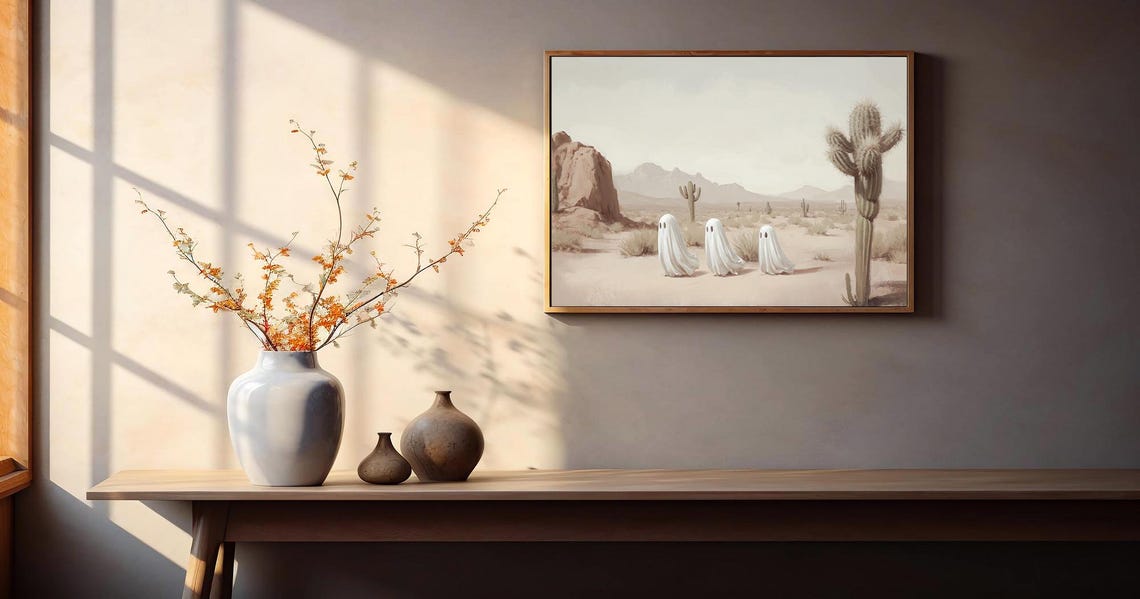 Ghost In The Desert Landscape Wall Art Western Halloween Decor Desert Cactus Wall Art Cute Rodeo Ghost Art Print - Image 3