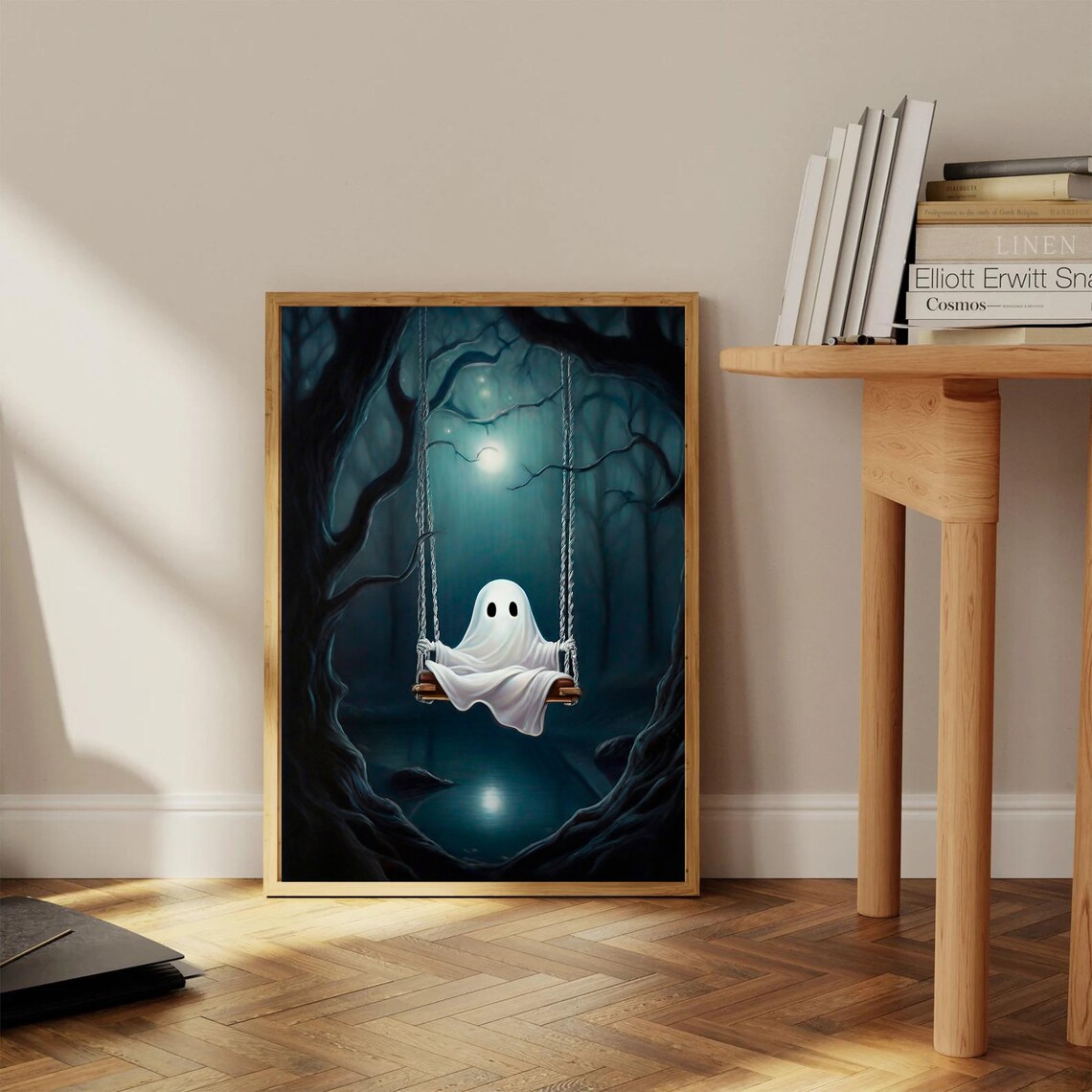 Ghost On Swing Wall Art Spooky Dark Halloween Wall Decor Cute Ghost Painting Moody Decor Moody Forest Print - Image 3