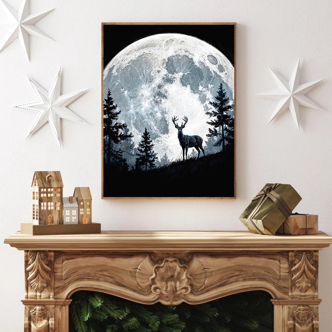 Stag Under Giant Full Moon in Pine Forest Night Sky Art Print - Image 4