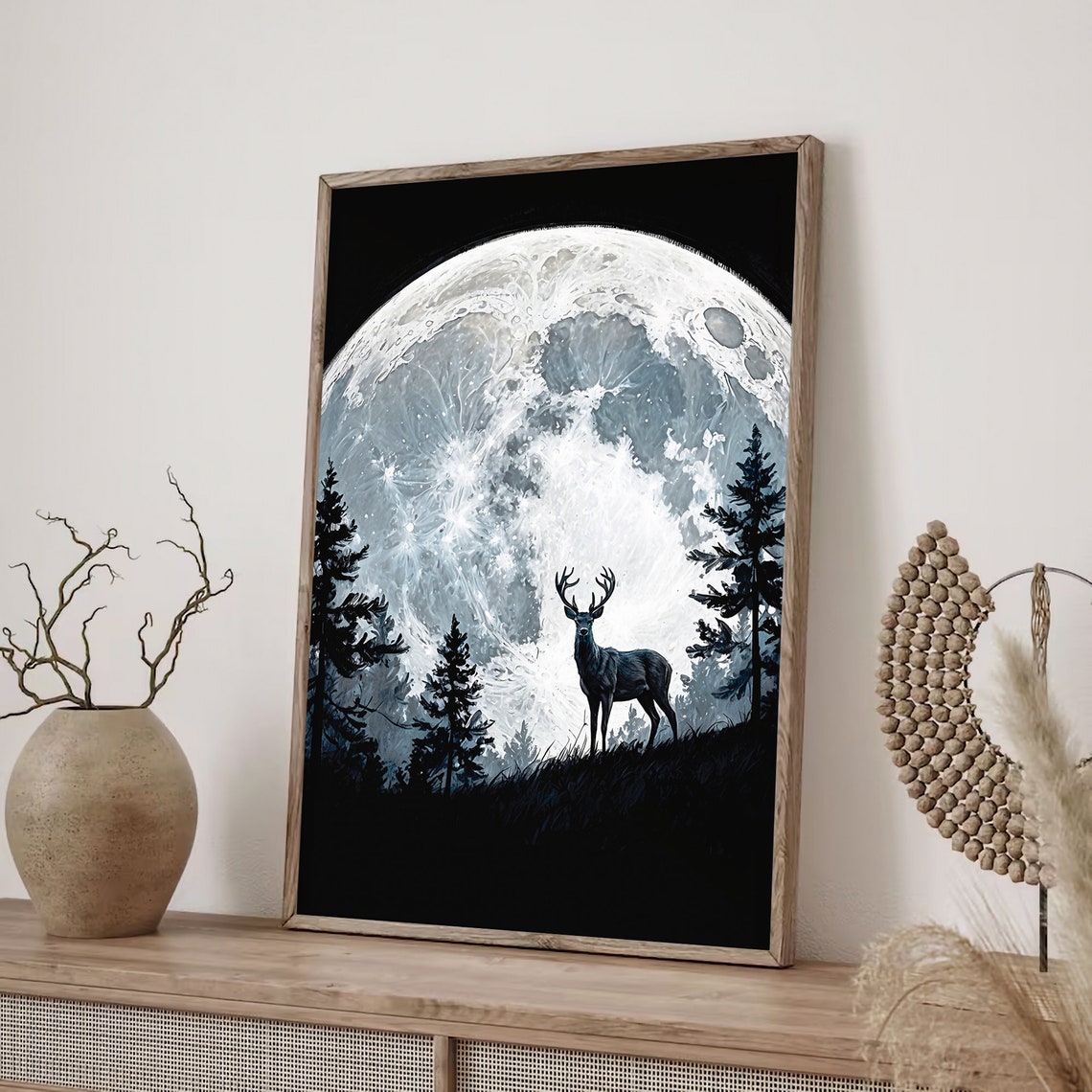 Stag Under Giant Full Moon in Pine Forest Night Sky Art Print - Image 3