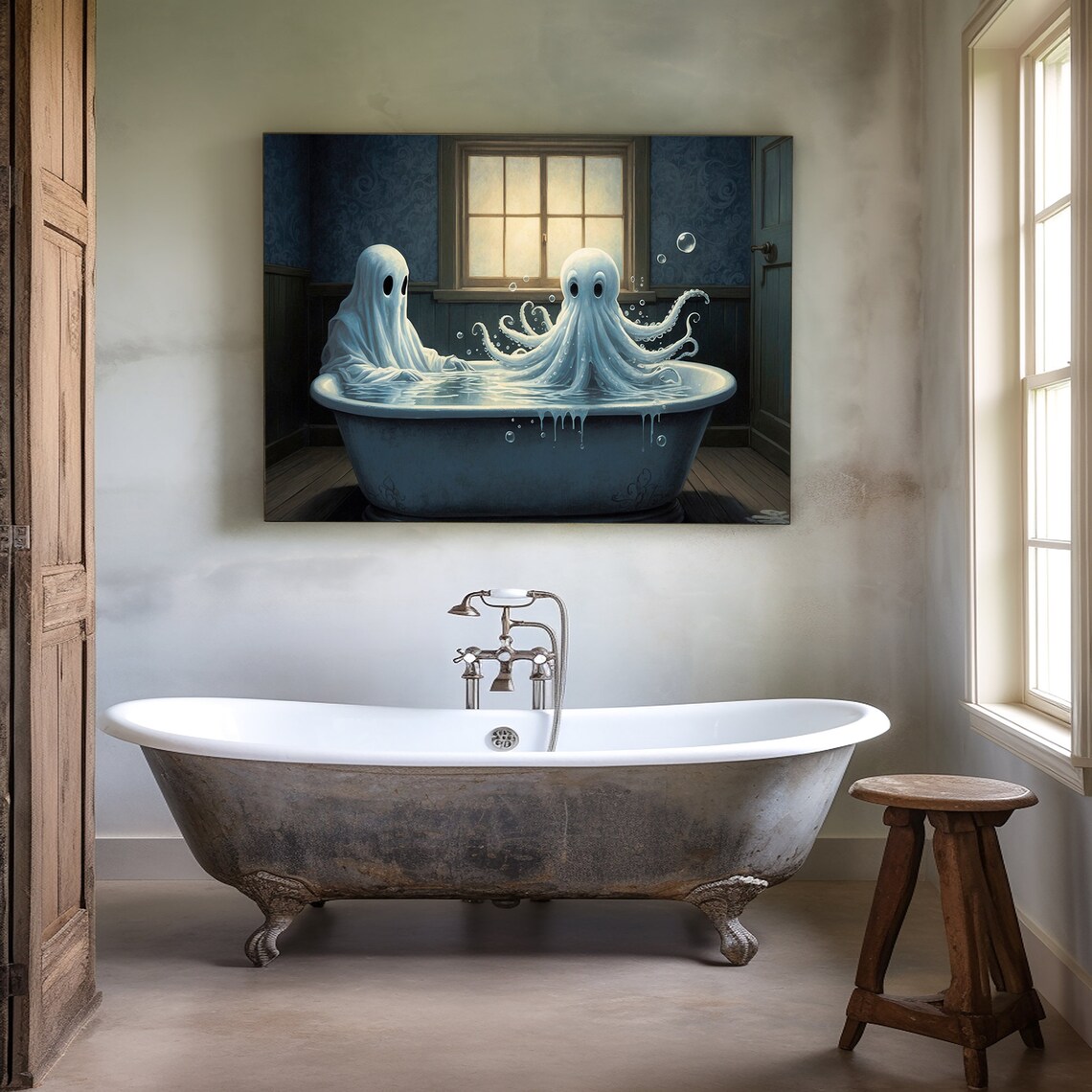 Bathroom Art Ghost In Bath With Octopus Ghost Bathroom Wall Decor Ghost Painting Funny Bathroom Print Ghost Bathroom Poster 166 - Image 2