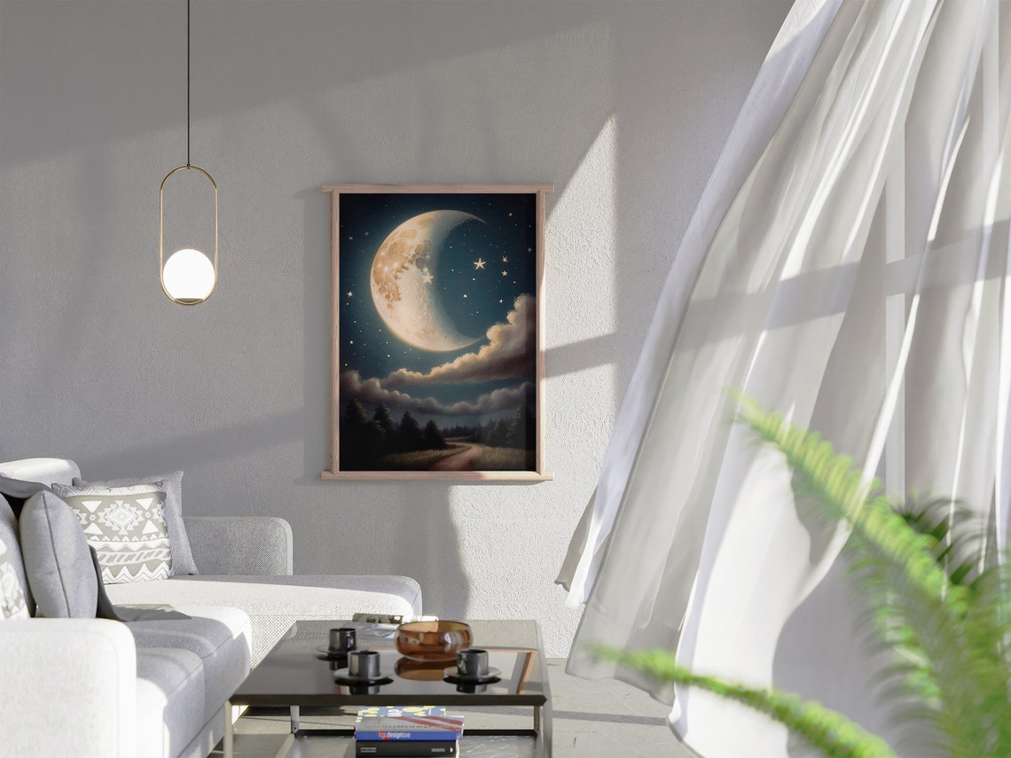 Crescent Moon and Stars Over a Dark Forest Path Night Sky Art Print - Image 3