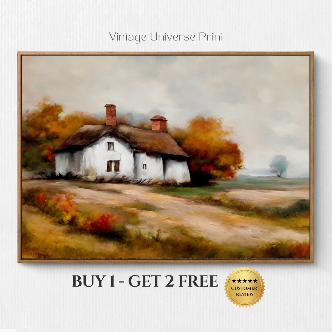 Cozy Autumn Cottage with Thatched Roof Fall Countryside Poster