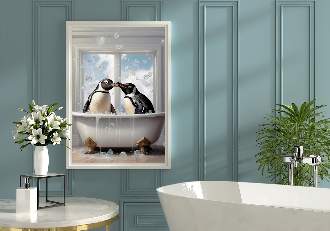 Two Penguins Sharing a Bubble Bath in a Vintage Tub Art Print - Image 4