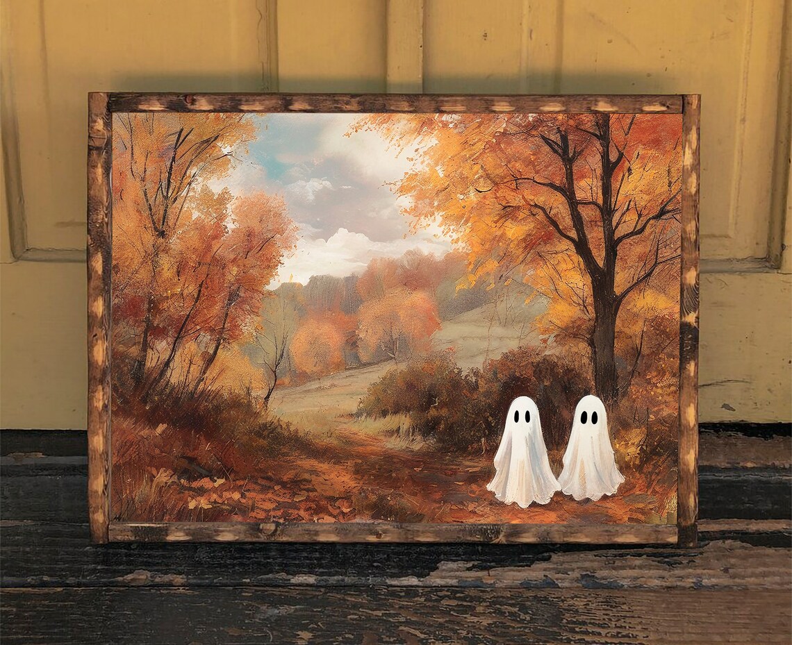 Two Cute Ghosts Strolling A Moody Autumn Forest Trail Vintage Painting Wall Art - Image 3