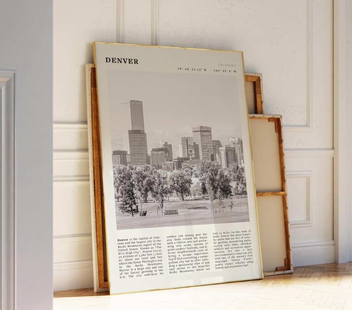 Denver Colorado Black White Mile High City Skyline Travel Poster