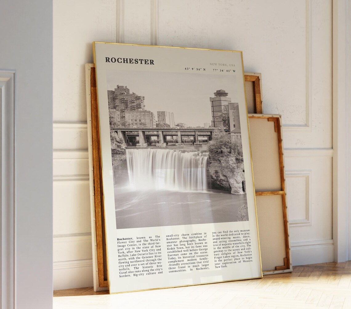 Rochester New York High Falls Vintage Black White Travel Poster