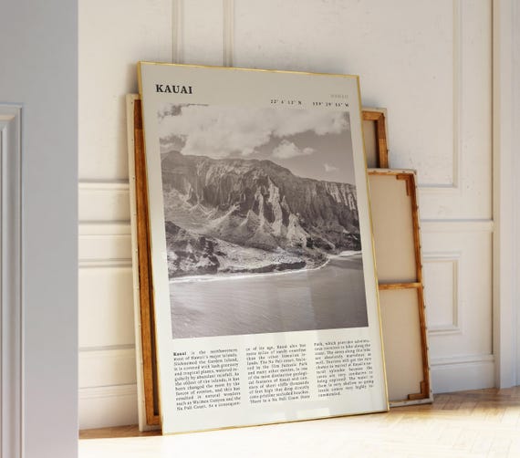 Kauai Black White Poster Vintage Hawaii Coast Print Scenic Gift For Ocean Lovers