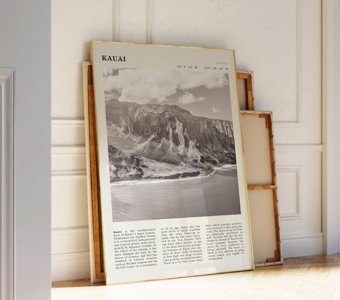 Kauai Black White Poster Vintage Hawaii Coast Print Scenic Gift For Ocean Lovers