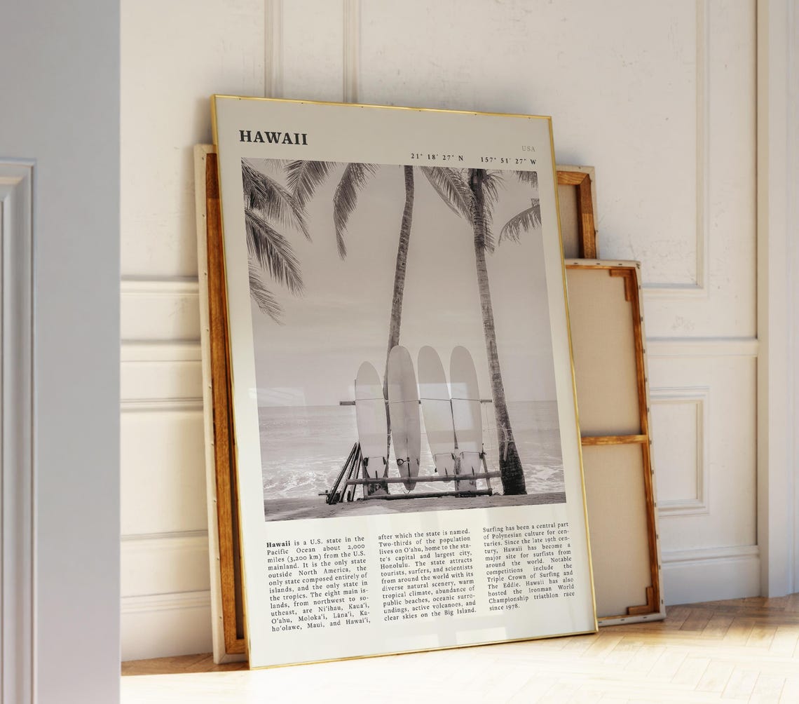 Hawaii USA Black and White Surfboards Palm Trees Beach Travel Poster