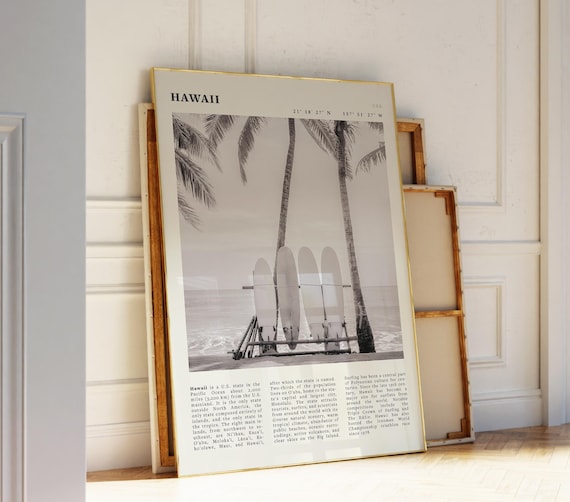 Hawaii Black White Travel Poster Surfboards Palm Trees Wall Art Vintage Iconic Island Print Gift Minimalist Tropical Decor