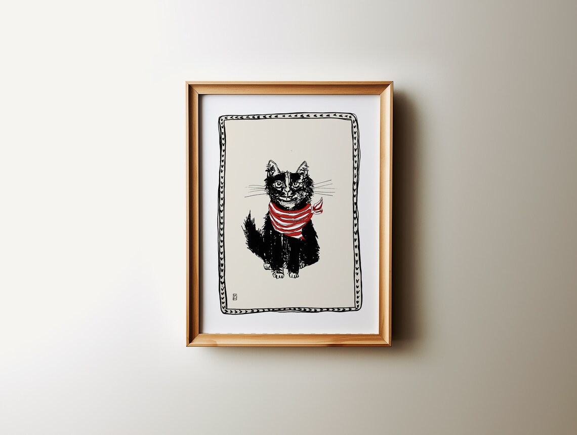 Cat In Scarf Black Cat With Red Striped Scarf Sketch Art Poster - Image 2